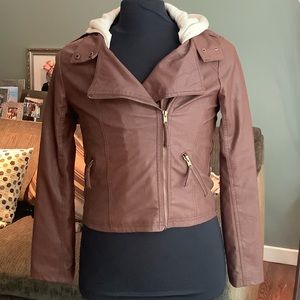 Foe brown leather jacket with removable hood.
